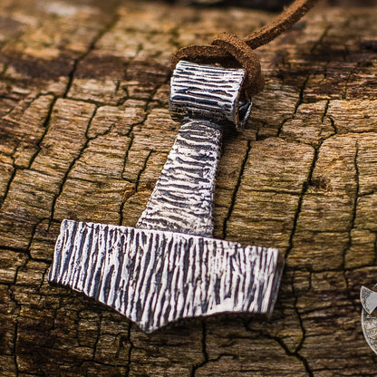 Wooden Style Thor's Hammer 925 Sterling Silver Pendant - VikingsBrand