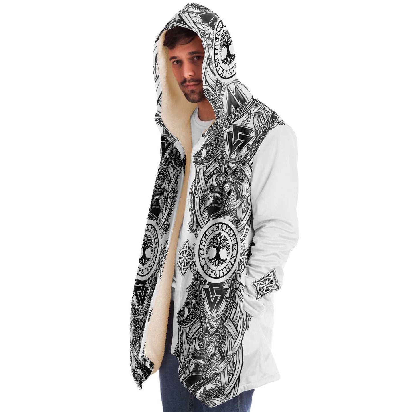 Yggdrasil and Valknut Premium Viking Cloak - White