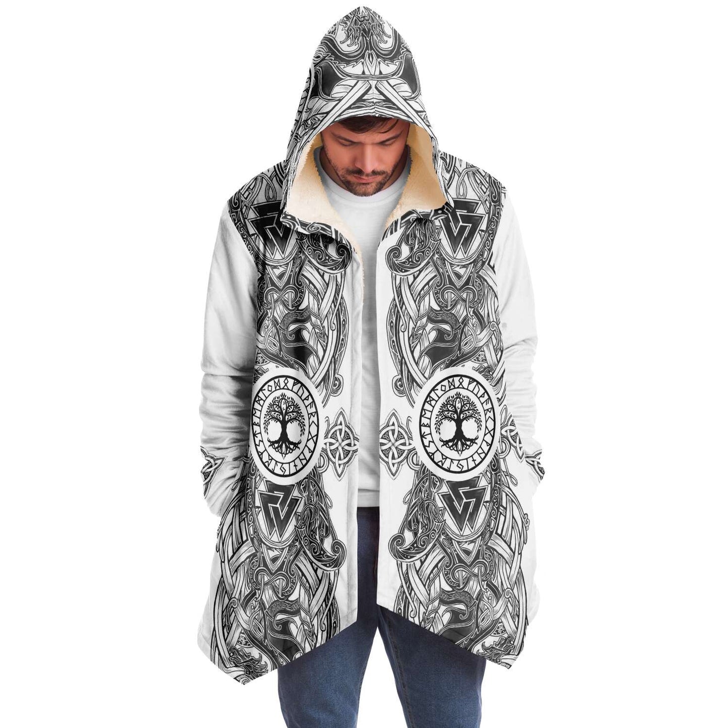 Yggdrasil and Valknut Premium Viking Cloak - White