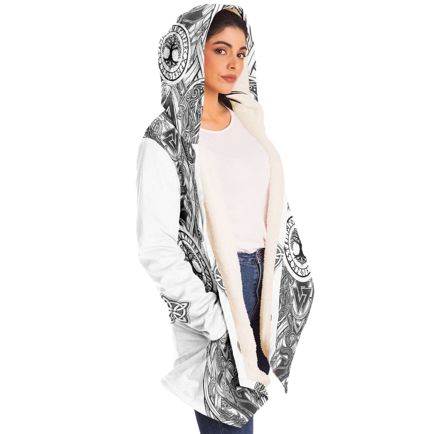 Yggdrasil and Valknut Premium Viking Cloak - White