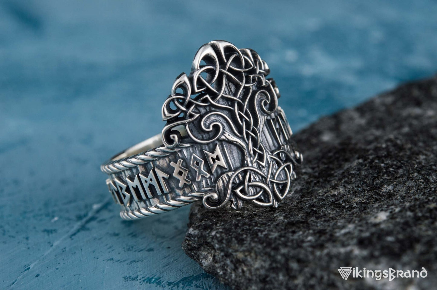 Yggdrasil Viking Symbol Ring with Norse Runes Ornament Sterling Silver Viking Jewelry
