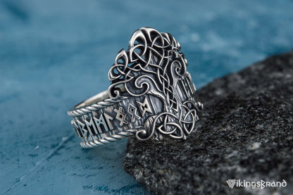 Yggdrasil Viking Symbol Ring with Norse Runes Ornament Sterling Silver Viking Jewelry