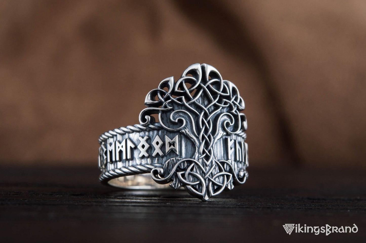 Yggdrasil Viking Symbol Ring with Norse Runes Ornament Sterling Silver Viking Jewelry