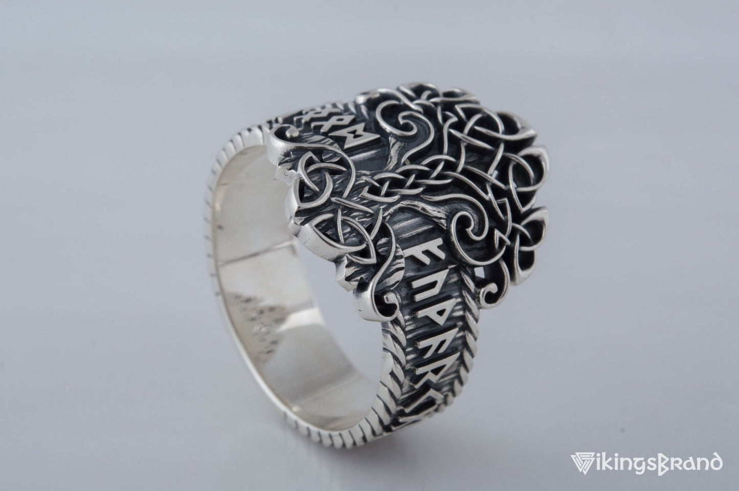 Yggdrasil Viking Symbol Ring with Norse Runes Ornament Sterling Silver Viking Jewelry