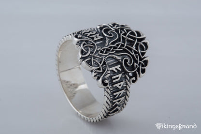 Yggdrasil Viking Symbol Ring with Norse Runes Ornament Sterling Silver Viking Jewelry