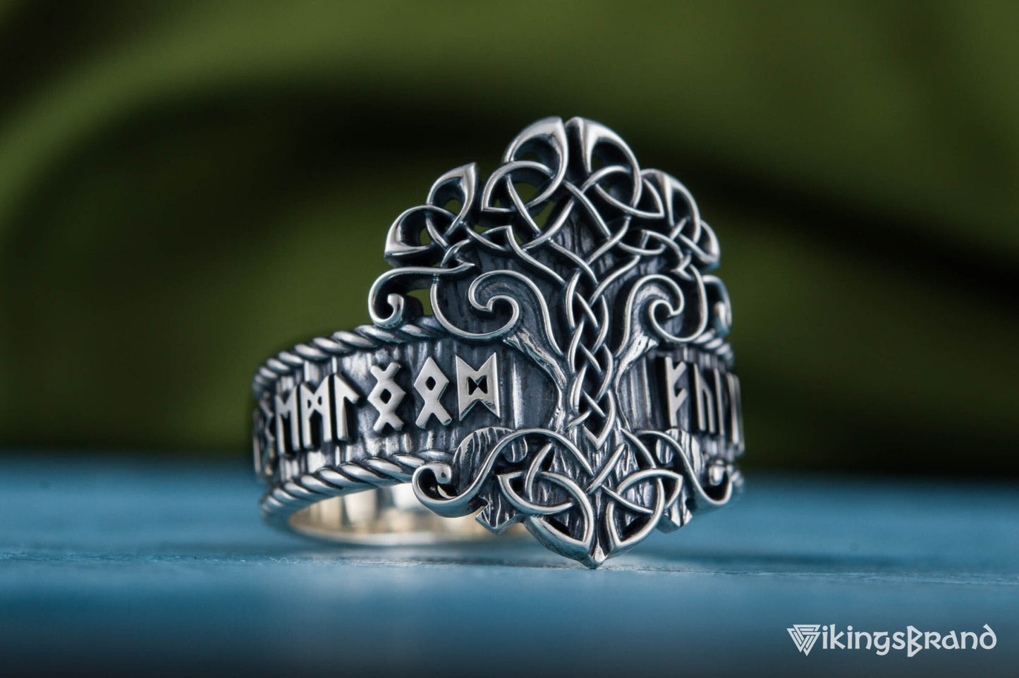 Yggdrasil Viking Symbol Ring with Norse Runes Ornament Sterling Silver Viking Jewelry