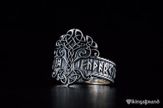 Yggdrasil Viking Symbol Ring with Norse Runes Ornament Sterling Silver Viking Jewelry