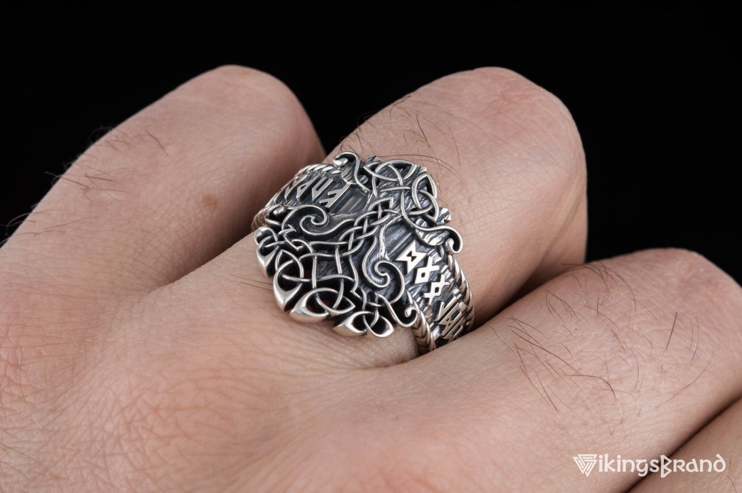Yggdrasil Viking Symbol Ring with Norse Runes Ornament Sterling Silver Viking Jewelry