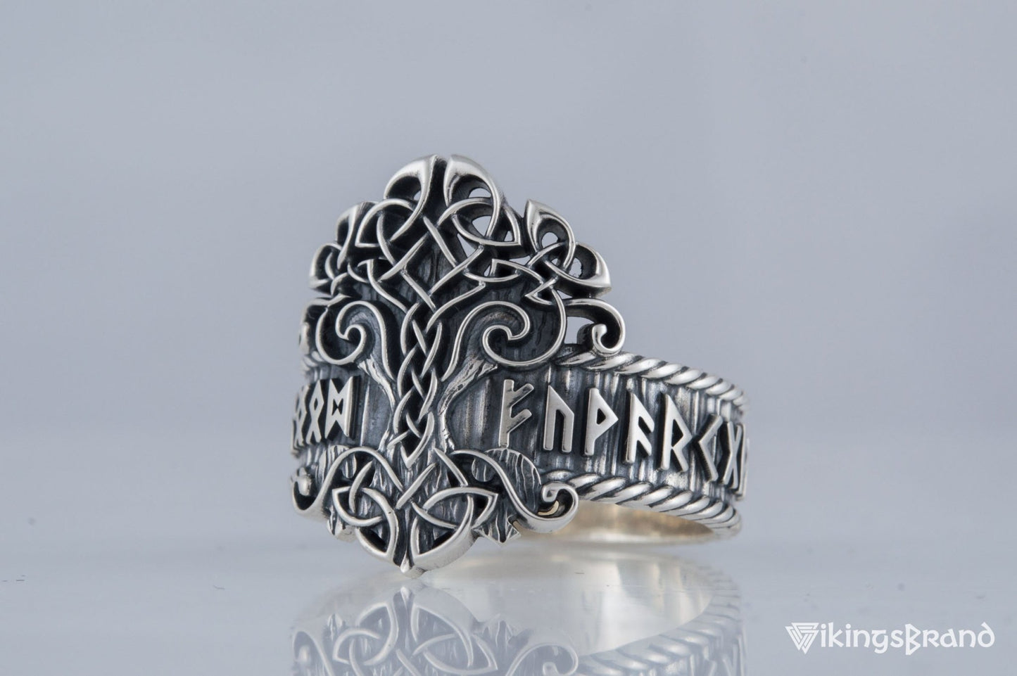 Yggdrasil Viking Symbol Ring with Norse Runes Ornament Sterling Silver Viking Jewelry