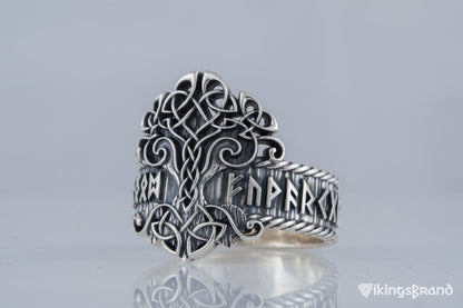 Yggdrasil Viking Symbol Ring with Norse Runes Ornament Sterling Silver Viking Jewelry