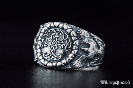 Yggdrasil Viking Symbol with Raven Style Sterling Silver Norse Ring