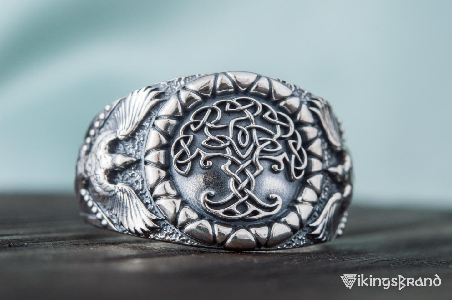 Yggdrasil Viking Symbol with Raven Style Sterling Silver Norse Ring