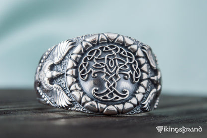 Yggdrasil Viking Symbol with Raven Style Sterling Silver Norse Ring