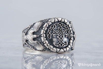 Yggdrasil Viking Symbol with Raven Style Sterling Silver Norse Ring
