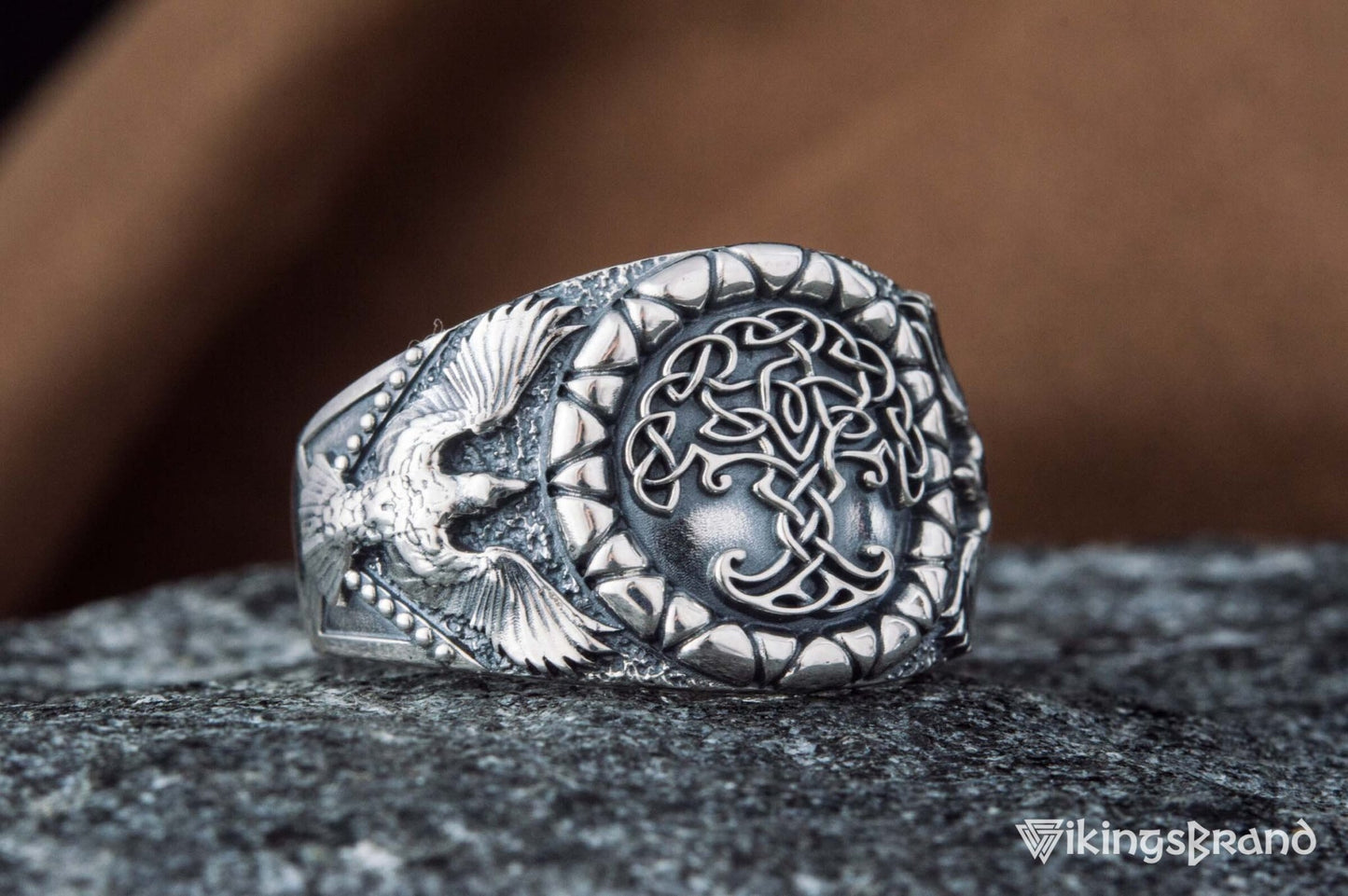 Yggdrasil Viking Symbol with Raven Style Sterling Silver Norse Ring