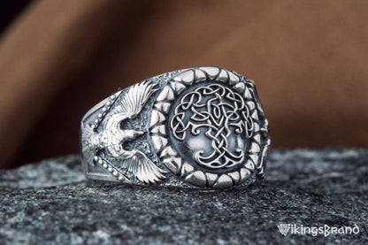 Yggdrasil Viking Symbol with Raven Style Sterling Silver Norse Ring