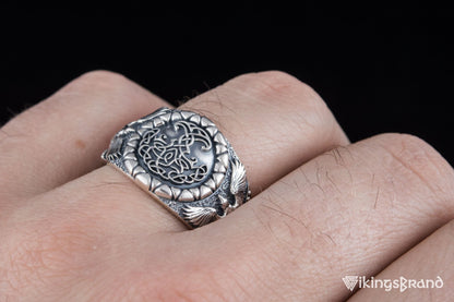 Yggdrasil Viking Symbol with Raven Style Sterling Silver Norse Ring