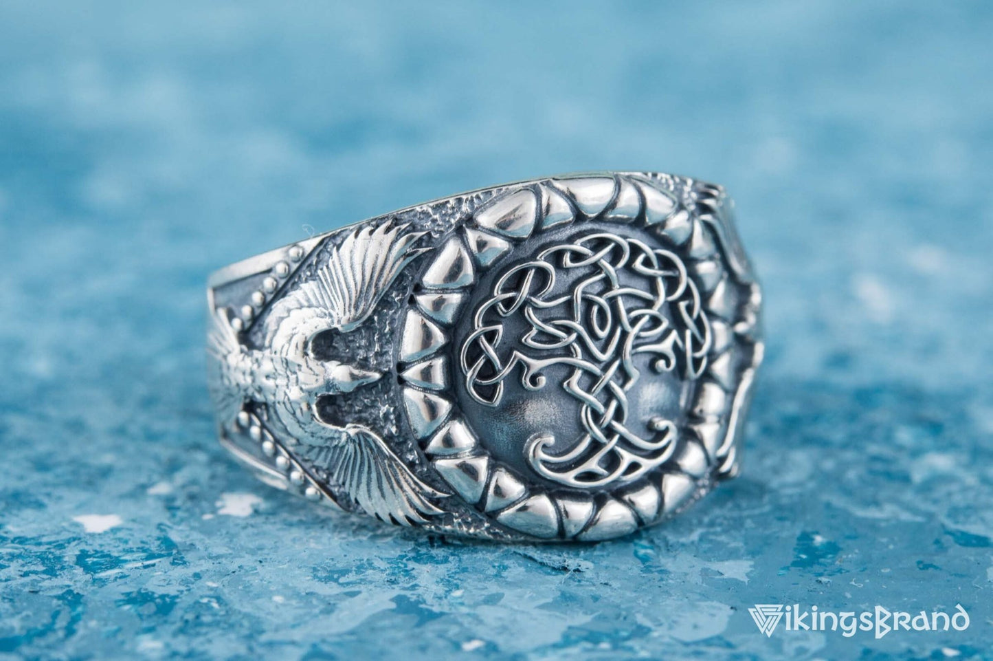 Yggdrasil Viking Symbol with Raven Style Sterling Silver Norse Ring