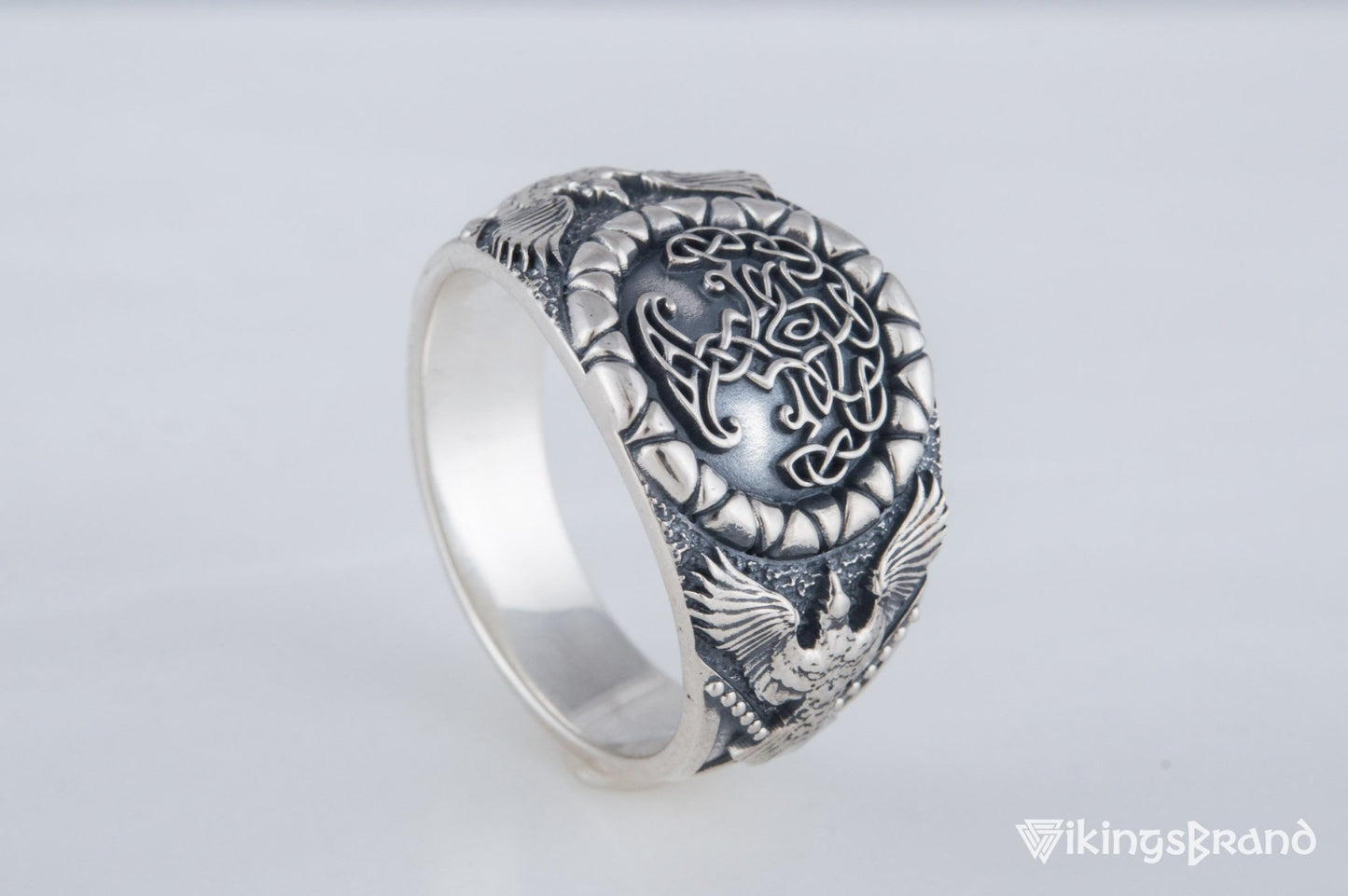 Yggdrasil Viking Symbol with Raven Style Sterling Silver Norse Ring