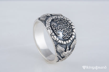 Yggdrasil Viking Symbol with Raven Style Sterling Silver Norse Ring