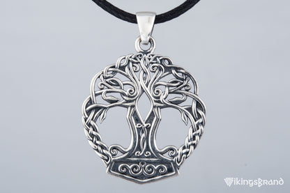 Yggdrasil with Mjolnir Vikings Pendant Handmade Sterling Silver Viking Necklace