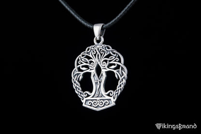Yggdrasil with Mjolnir Vikings Pendant Handmade Sterling Silver Viking Necklace