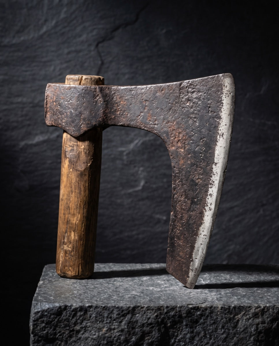 Illustration of a Viking bearded axe (skeggøx) with the lower edge drawn into a long beard