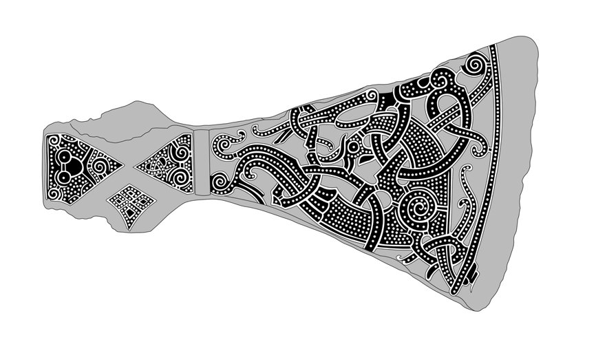 Drawing of the whole silver-inlaid Mammen axe head showing its Mammen-style animal ornament