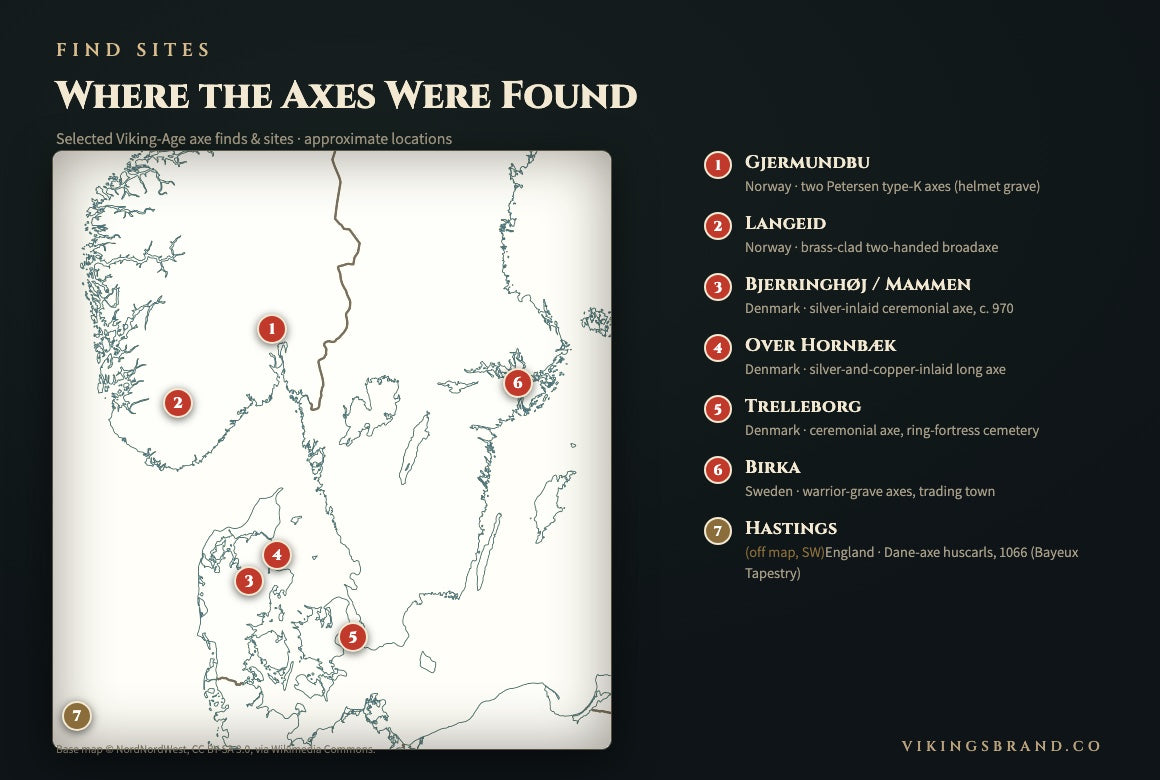 Schematic map of Scandinavia marking Viking-Age axe find sites: Gjermundbu, Langeid, Mammen, Over Hornbæk, Trelleborg, Birka and Hastings