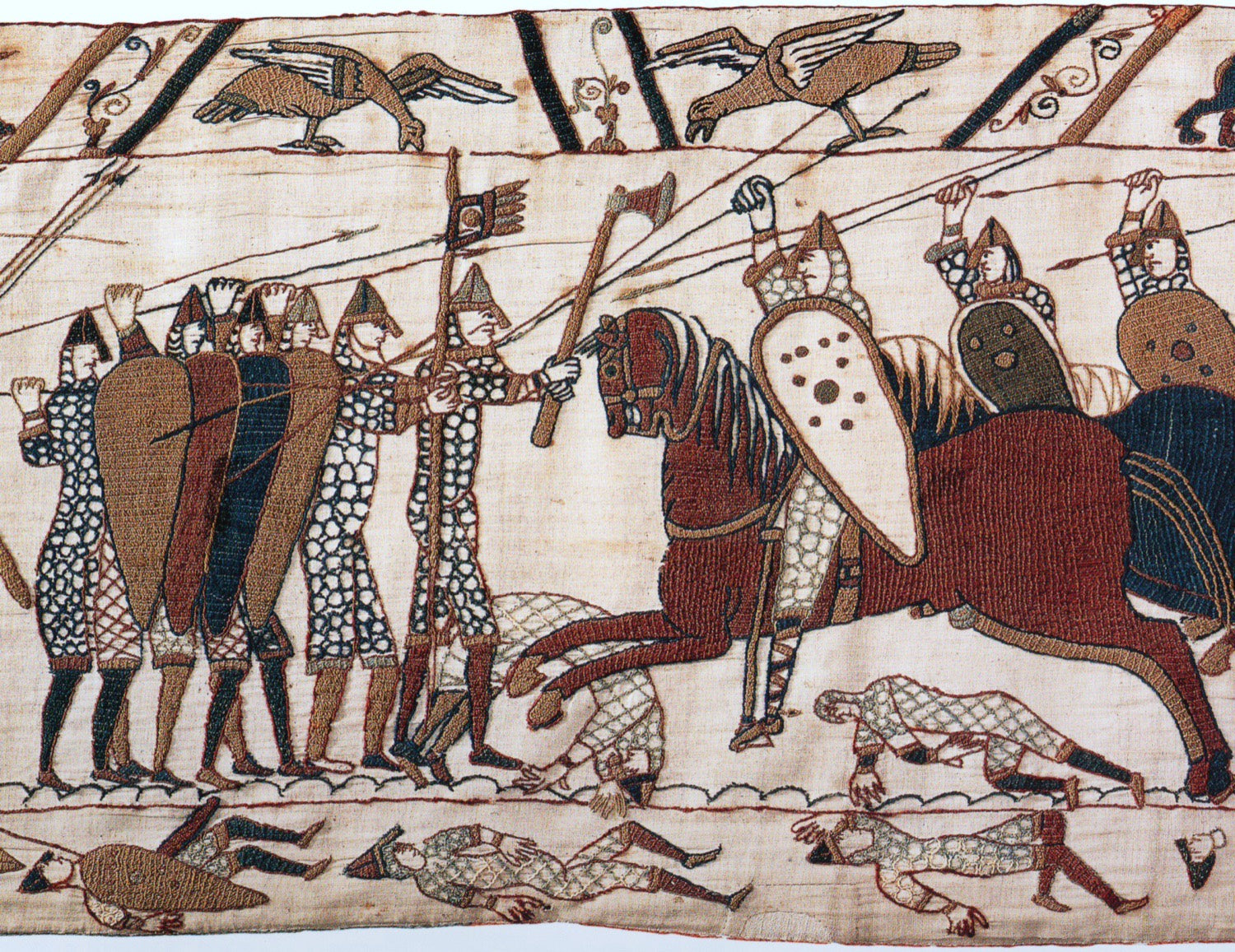 Bayeux Tapestry scene showing warriors wielding long two-handed Dane axes at the Battle of Hastings
