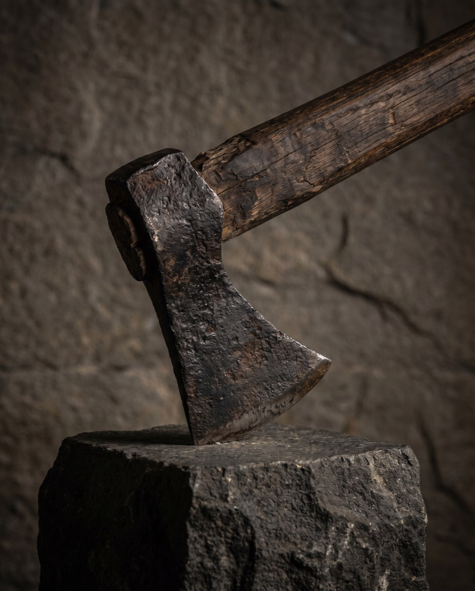 Illustration of a small Viking utility hand axe head on a short haft