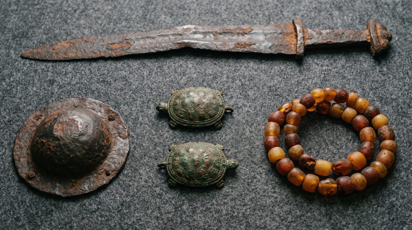 Viking Age grave goods including oval tortoise brooches and a string of amber beads