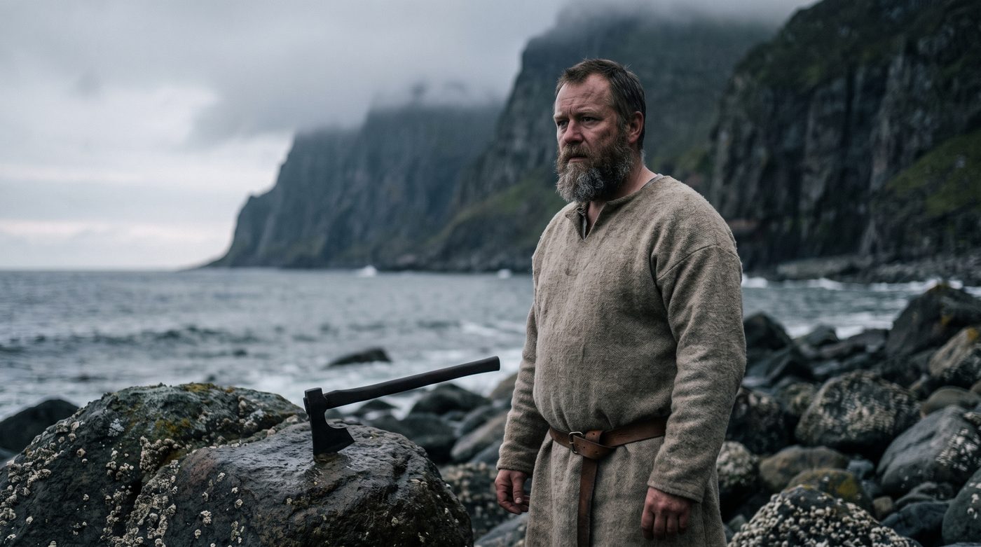 A bearded Norse man in hand woven wool on a rocky shore, the historical reality behind the fantasy