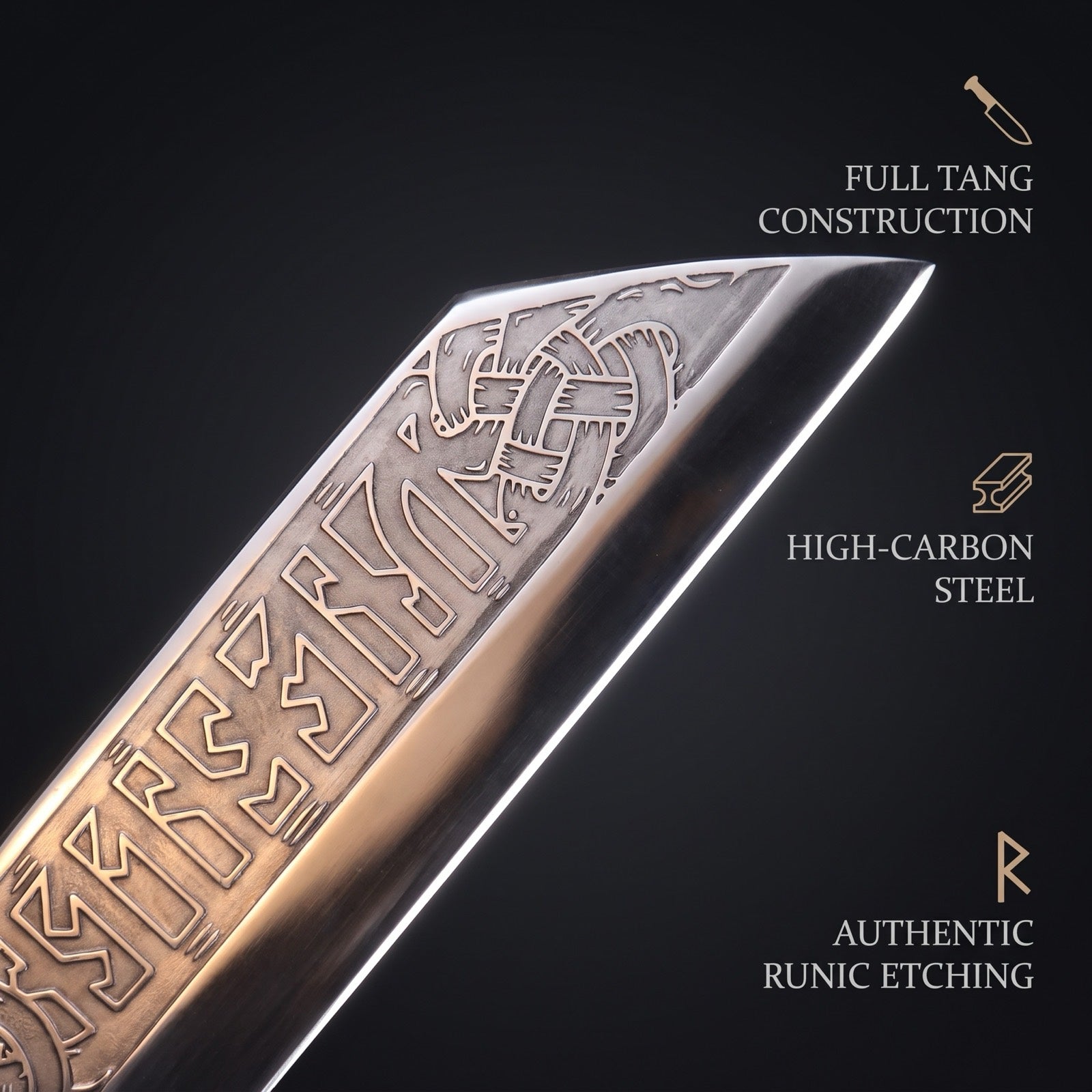 Engraved runes on a carbon steel blade flat