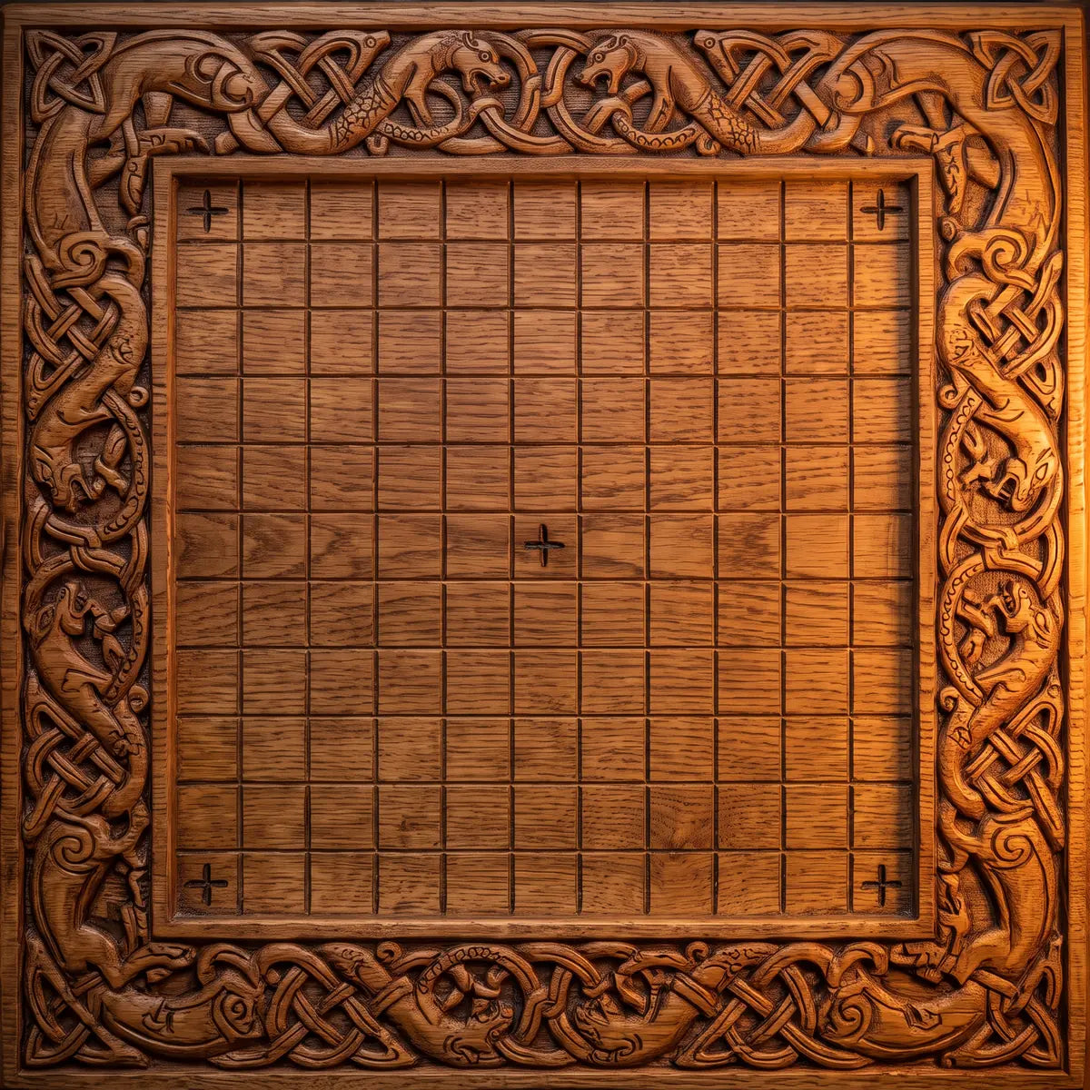 A carved oak Hnefatafl (Copenhagen rules) board, 11 by 11 squares, with the throne marked in the center