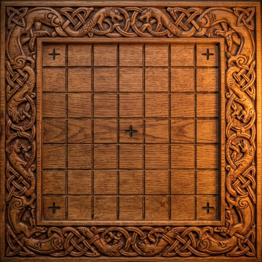 A carved oak Brandubh board, 7 by 7 squares, with the throne marked in the center