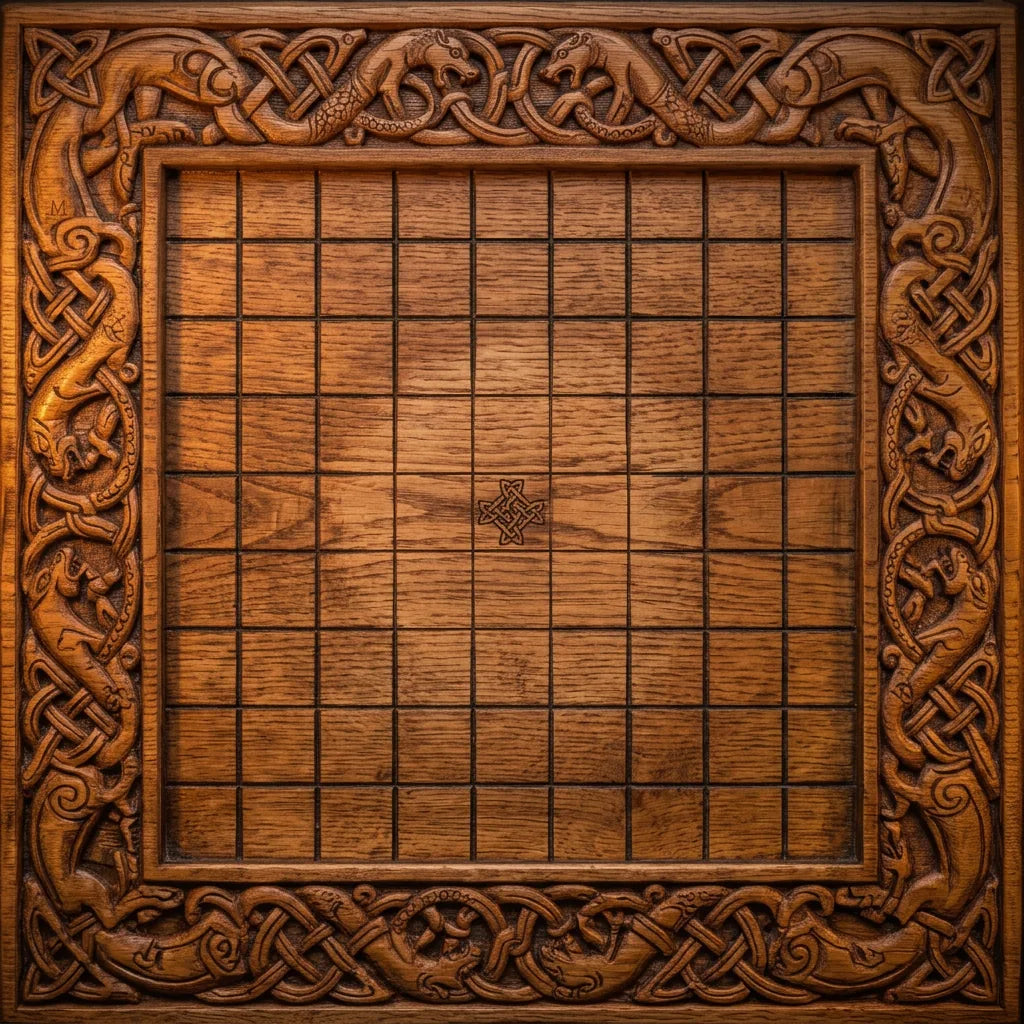 A carved oak Tablut board, 9 by 9 squares, with the throne marked in the center